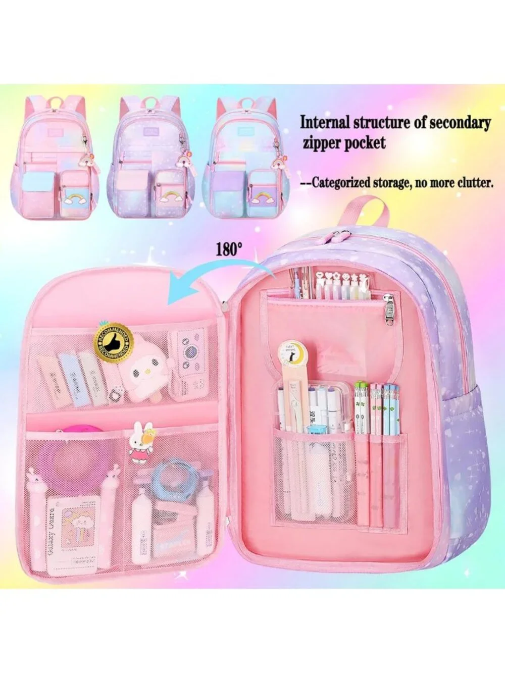 Cute Large Capacity Girls Backpack - Starry Rainbow Design, Fashion Casual